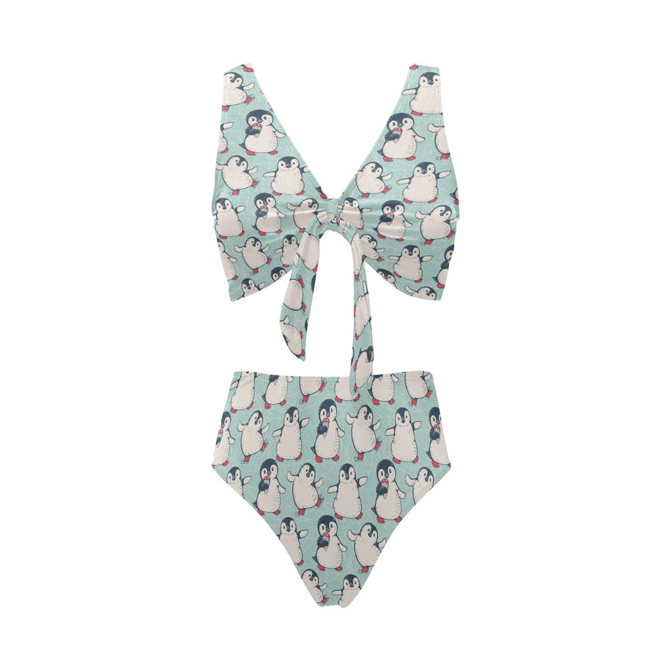 Cute Penguin pattern Chest Bowknot High Waisted Bikini Swimsuit