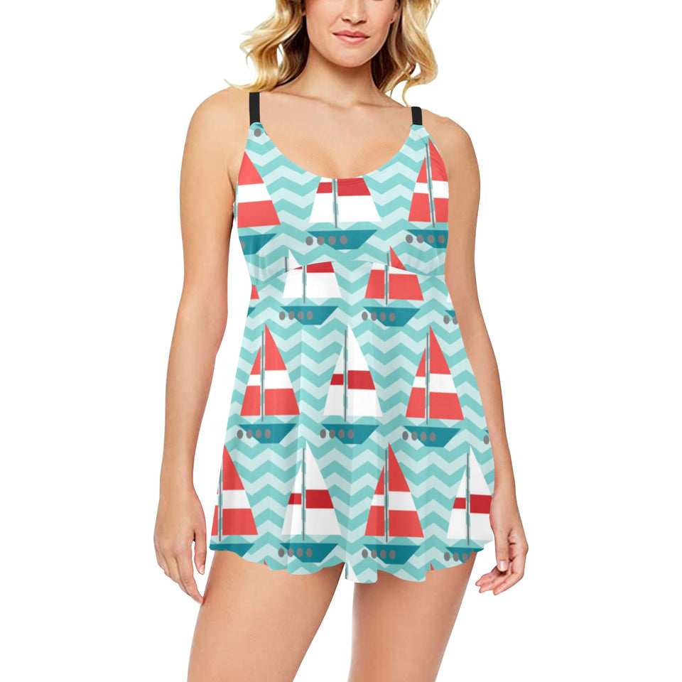 Red White sailboat wave background Chest Sexy Pleated Two Piece Swim Dress