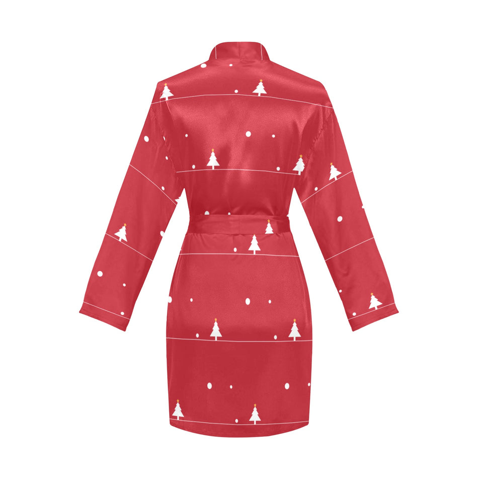 Christmas tree star snow red background Women's Long Sleeve Belted Night Robe
