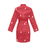 Christmas tree star snow red background Women's Long Sleeve Belted Night Robe