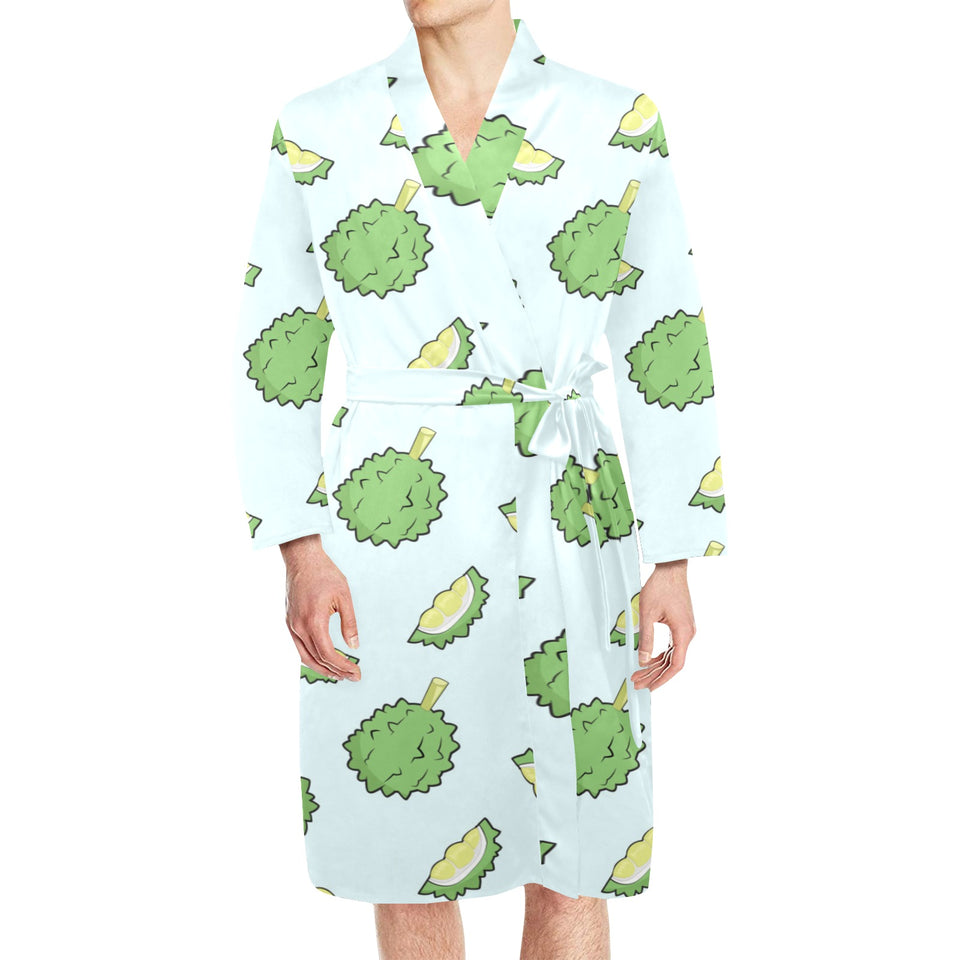 Durian pattern blue background Men's Long Sleeve Belted Night Robe