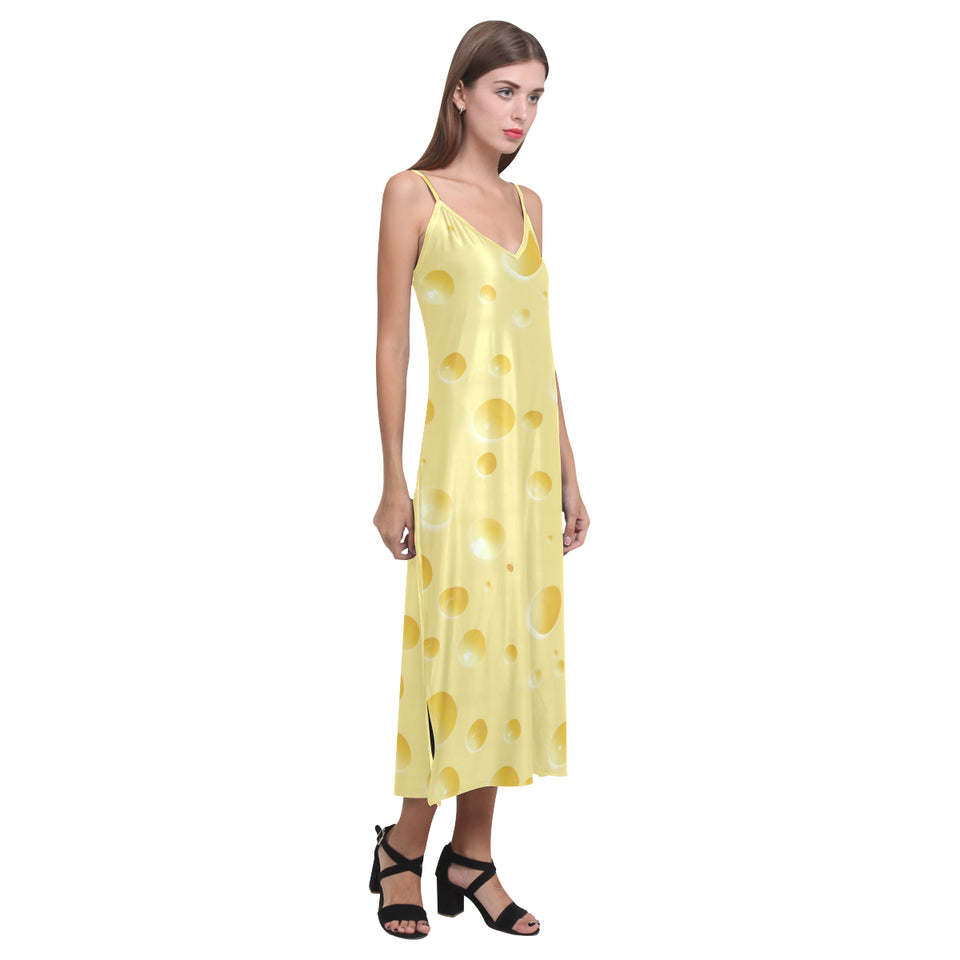 Cheese texture V-Neck Open Fork Long Dress