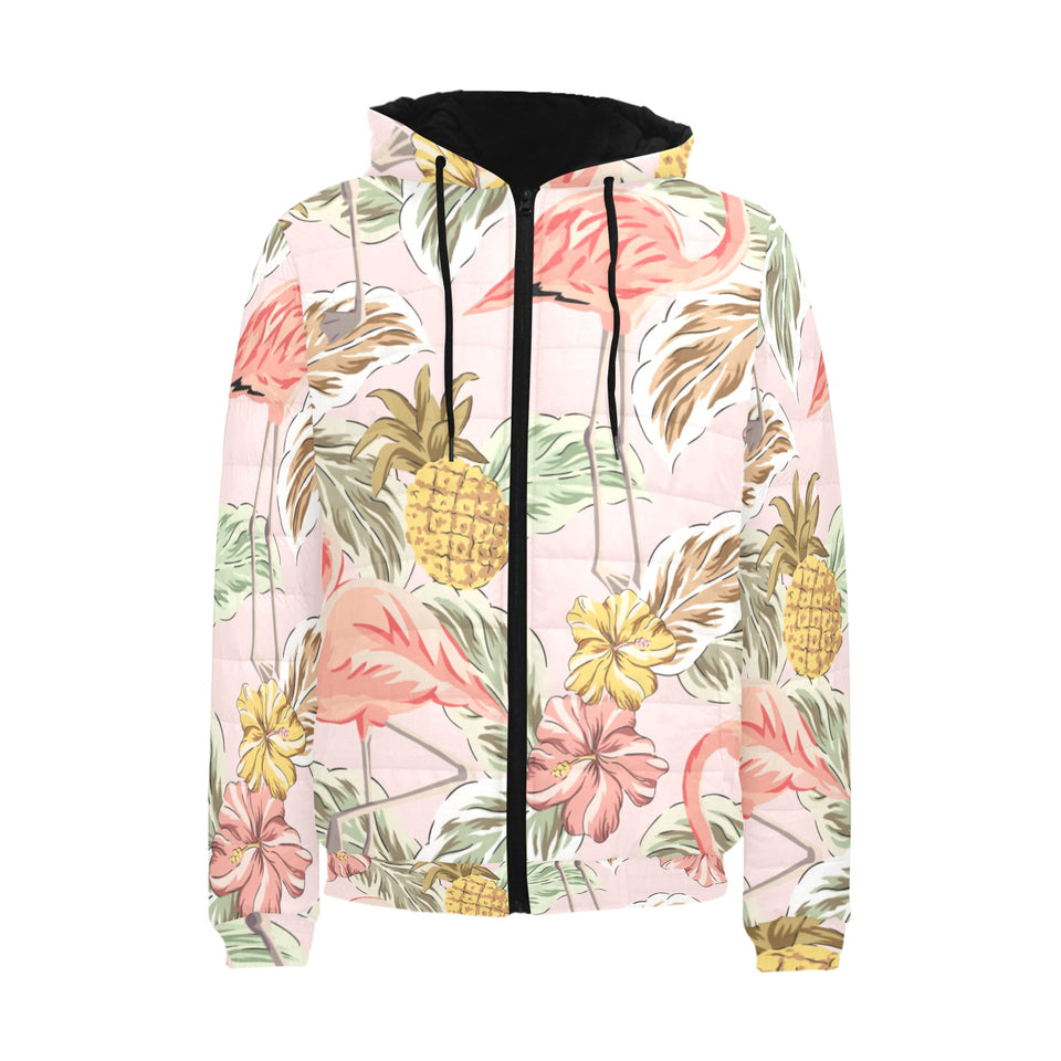 Pink flamingo birds pineapples hibiscus flower pat Men's Padded Hooded Jacket