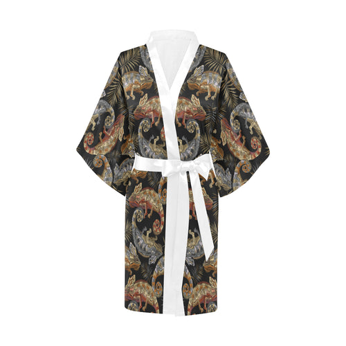 Chameleon lizard tropical leaves palm tree Women's Short Kimono Robe
