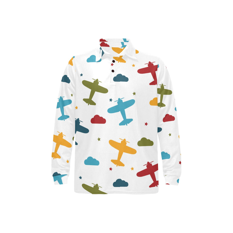 Airplane star cloud colorful Men's Long Sleeve Polo Shirt