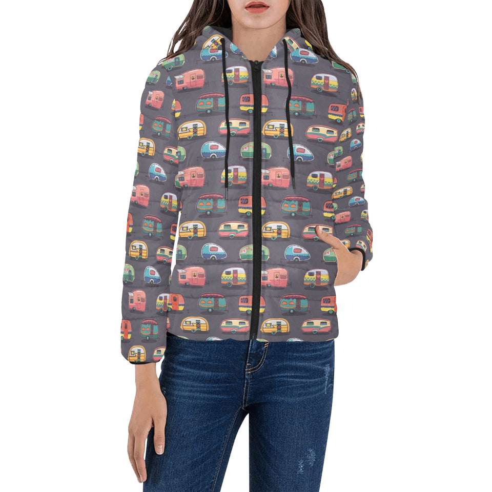 Camper Van Pattern Print Design 02 Women's Padded Hooded Jacket