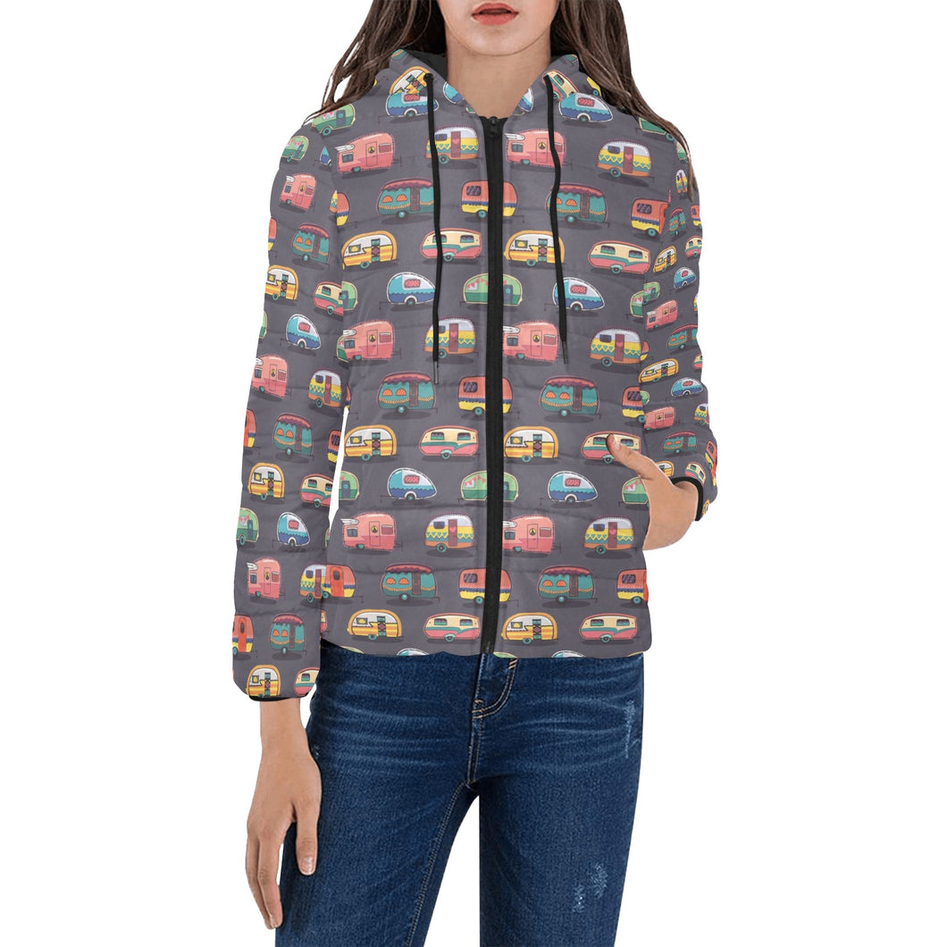 Camper Van Pattern Print Design 02 Women's Padded Hooded Jacket