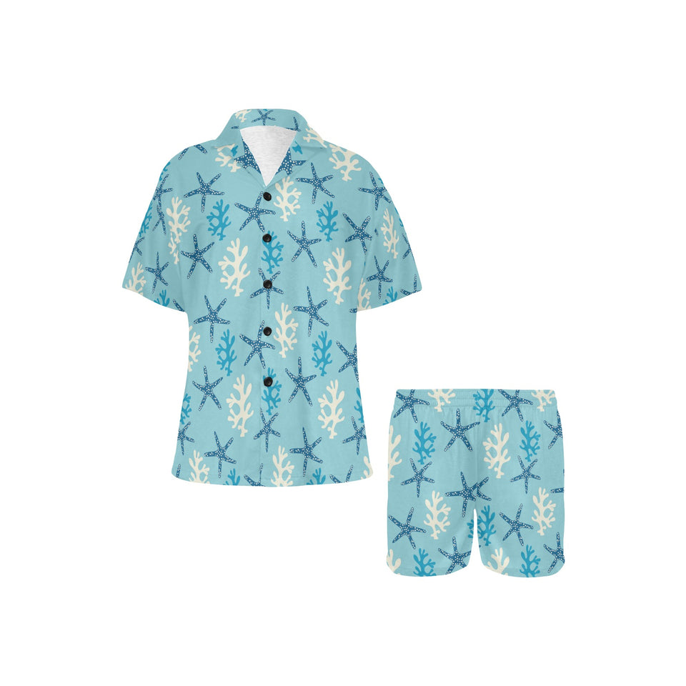 Blue starfish coral reef pattern Women's V-Neck Short Pajama Set