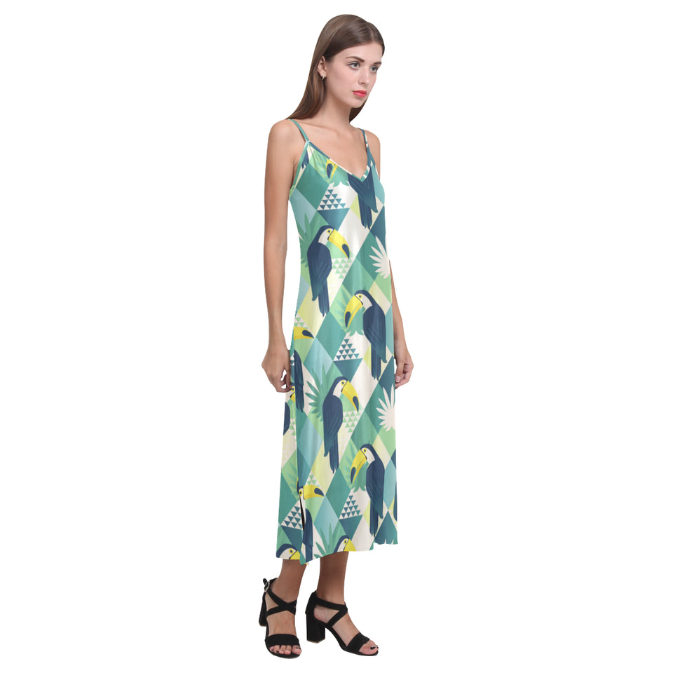 Toucan tropical leaves design pattern V-Neck Open Fork Long Dress