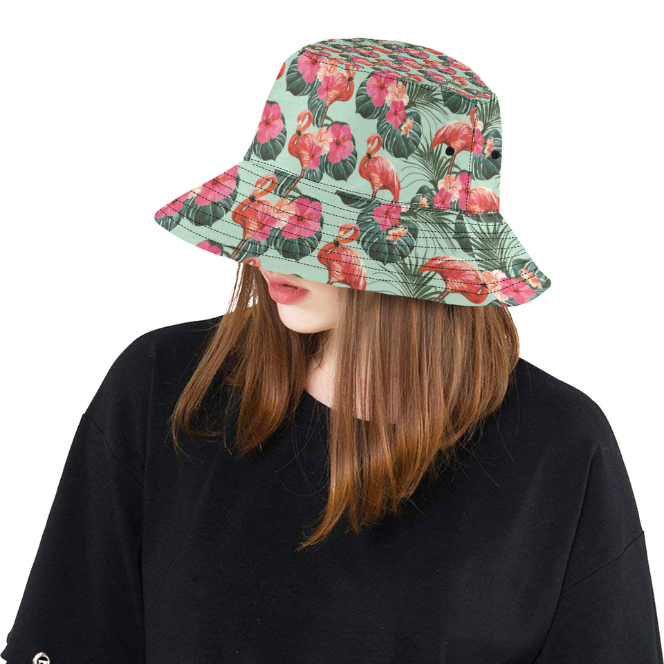 Beautiful flamingo tropical palm leaves hibiscus p Unisex Bucket Hat