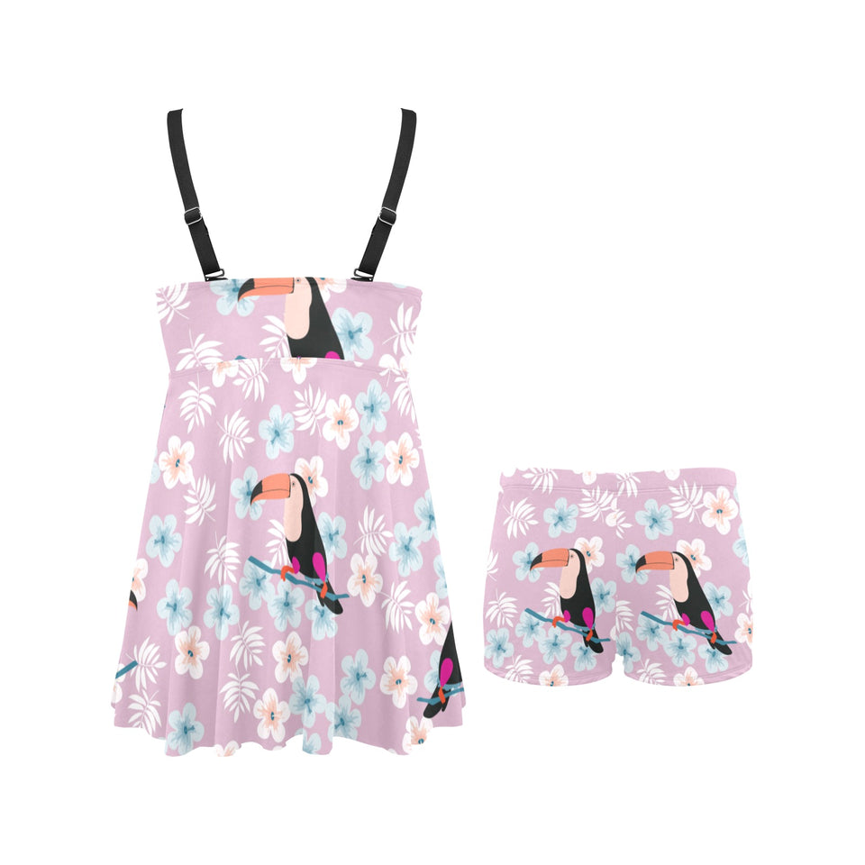 Beautiful toucan flower leaves Chest Sexy Pleated Two Piece Swim Dress