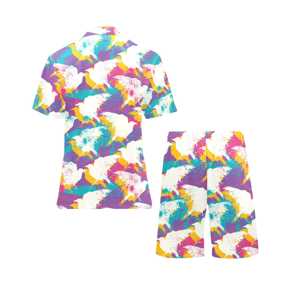 Colorful crow illustration pattern Men's V-Neck Short Pajama Set