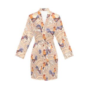 Cute rooster chicken cock floral ornament backgrou Women's Long Sleeve Belted Night Robe
