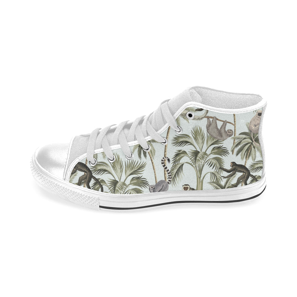 Monkey sloth lemur palm trees pattern Men's High Top Canvas Shoes White