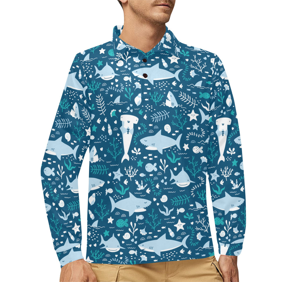 Cute shark pattern Men's Long Sleeve Polo Shirt
