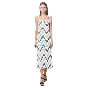 zigzag  chevron paint pattern V-Neck Open Fork Long Dress