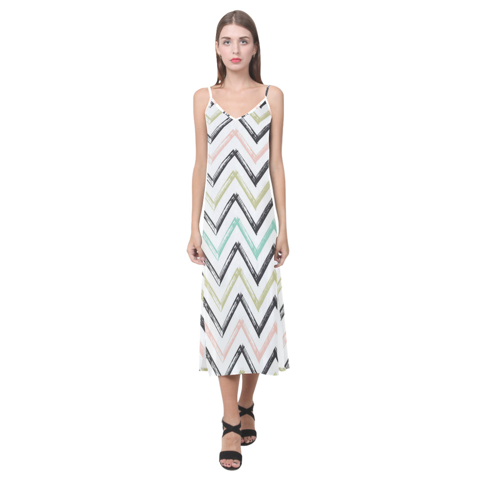 zigzag  chevron paint pattern V-Neck Open Fork Long Dress