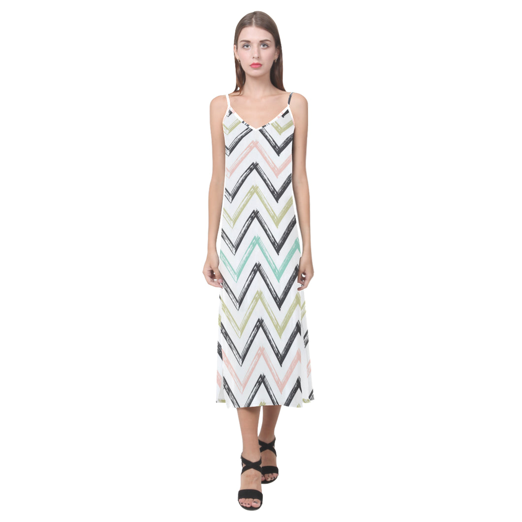 zigzag  chevron paint pattern V-Neck Open Fork Long Dress