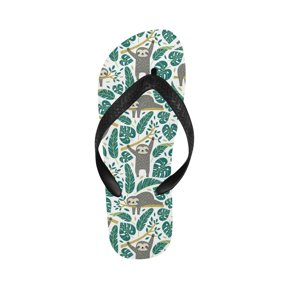 Cute sloths tropical palm leaves white background Unisex Flip Flops