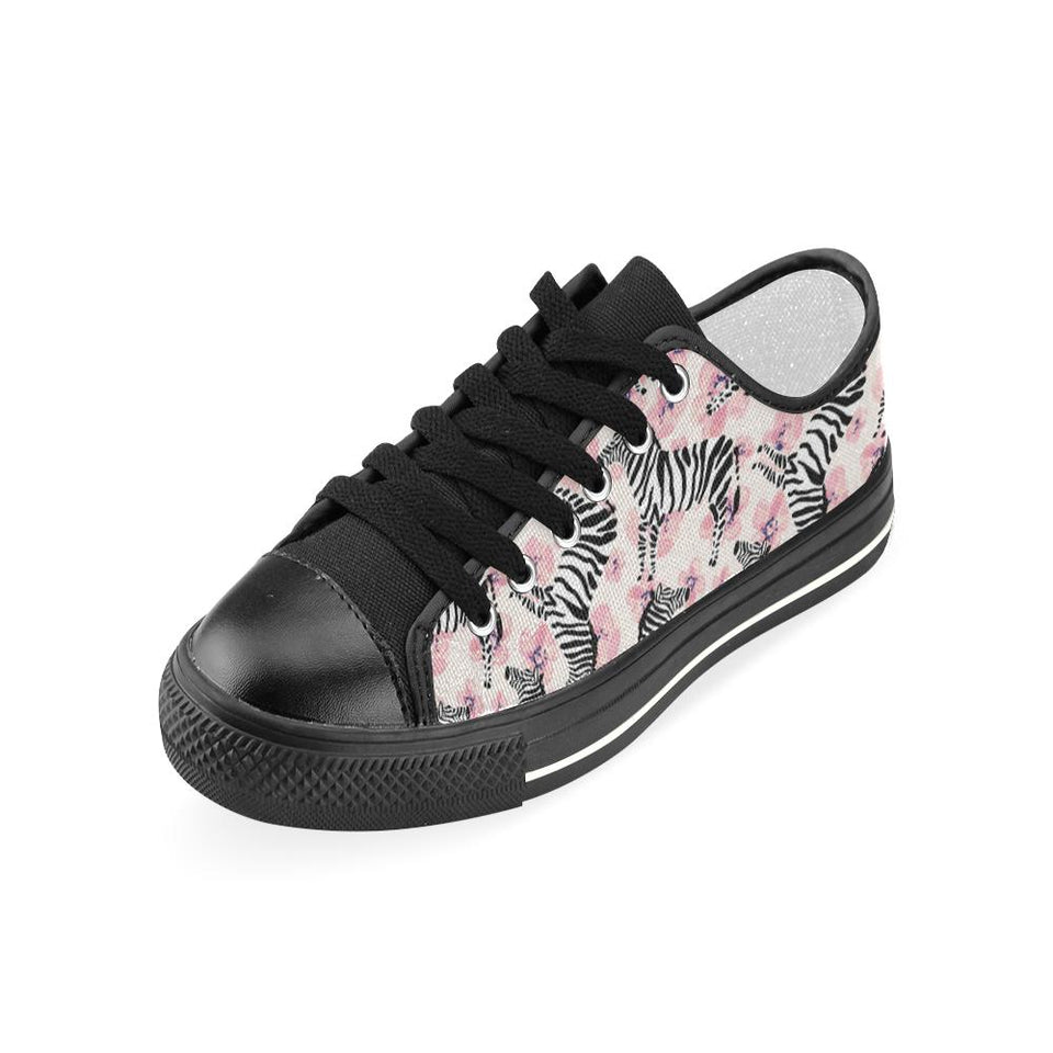 Zebra pink flower background Kids' Boys' Girls' Low Top Canvas Shoes Black