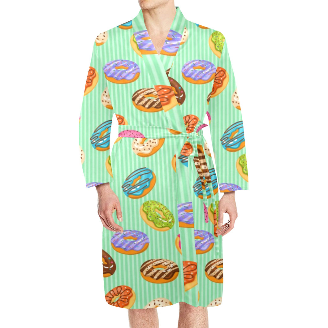 Colorful donut pattern green background Men's Long Sleeve Belted Night Robe