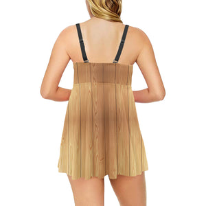 Wood Printed Pattern Print Design 05 Chest Sexy Pleated Two Piece Swim Dress