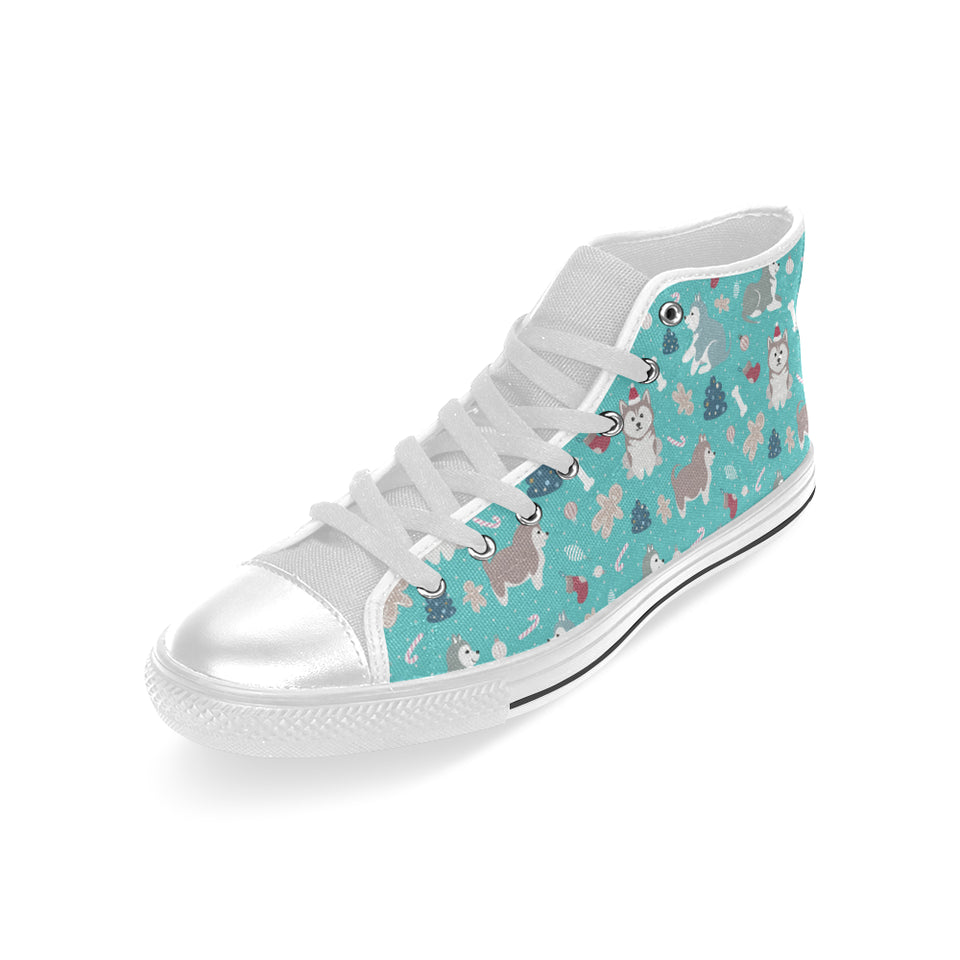 Christmas cute siberian husky puppie pattern Men's High Top Canvas Shoes White