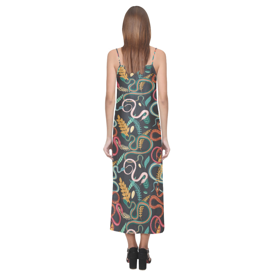 Colorful snake plant pattern V-Neck Open Fork Long Dress