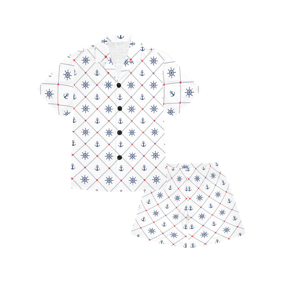 Anchor rudder nautical design pattern Kids' Boys' Girls' V-Neck Short Pajama Set