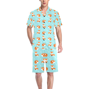 Fox pattern blue b ackground Men's V-Neck Short Pajama Set