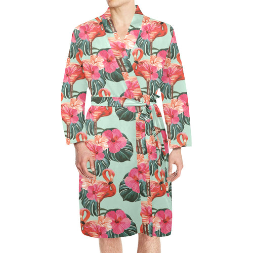 Beautiful flamingo tropical palm leaves hibiscus p Men's Long Sleeve Belted Night Robe