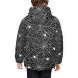 Spider web design pattern Black background white c Kids' Boys' Girls' Padded Hooded Jacket