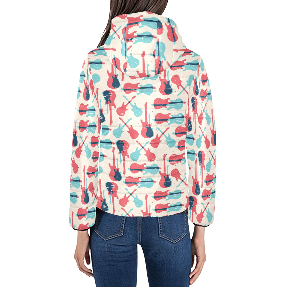 Red Blue guitar pattern Women's Padded Hooded Jacket