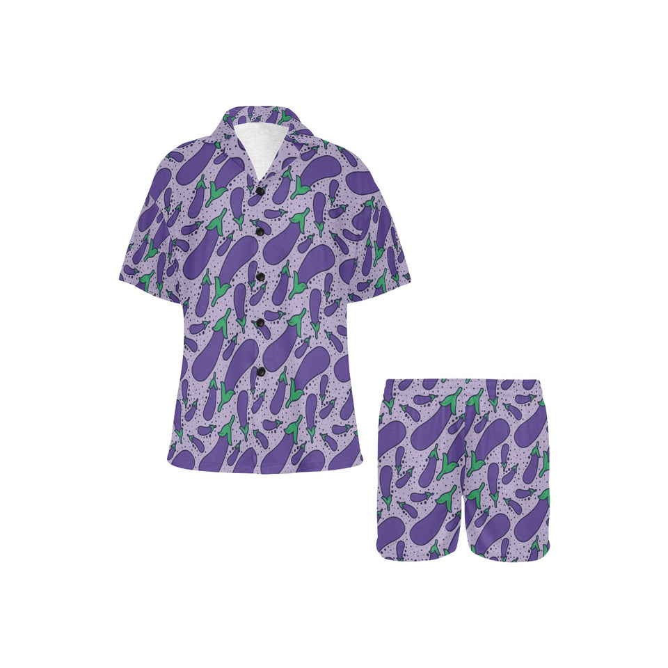 Eggplant Pattern Print Design 03 Women's V-Neck Short Pajama Set