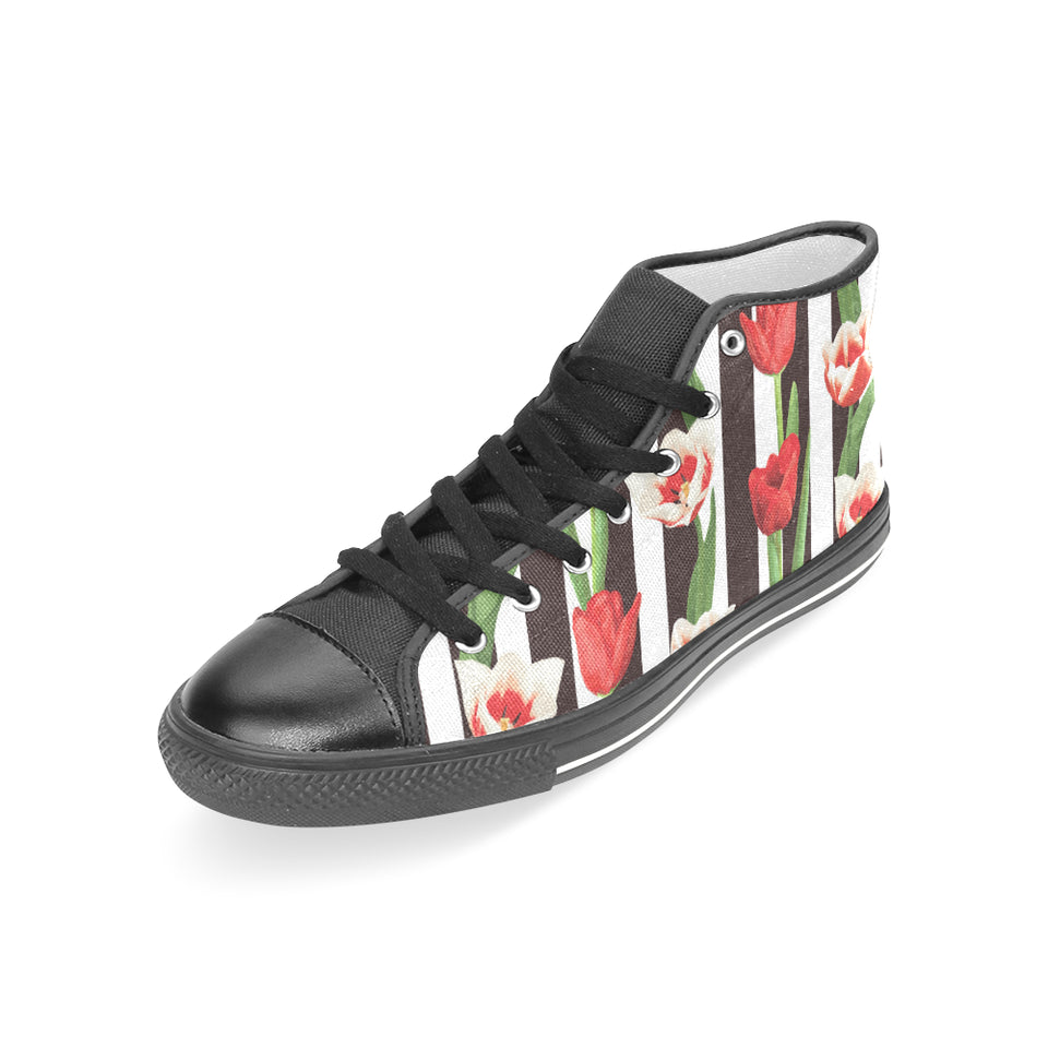 red and white tulips pattern Women's High Top Canvas Shoes Black