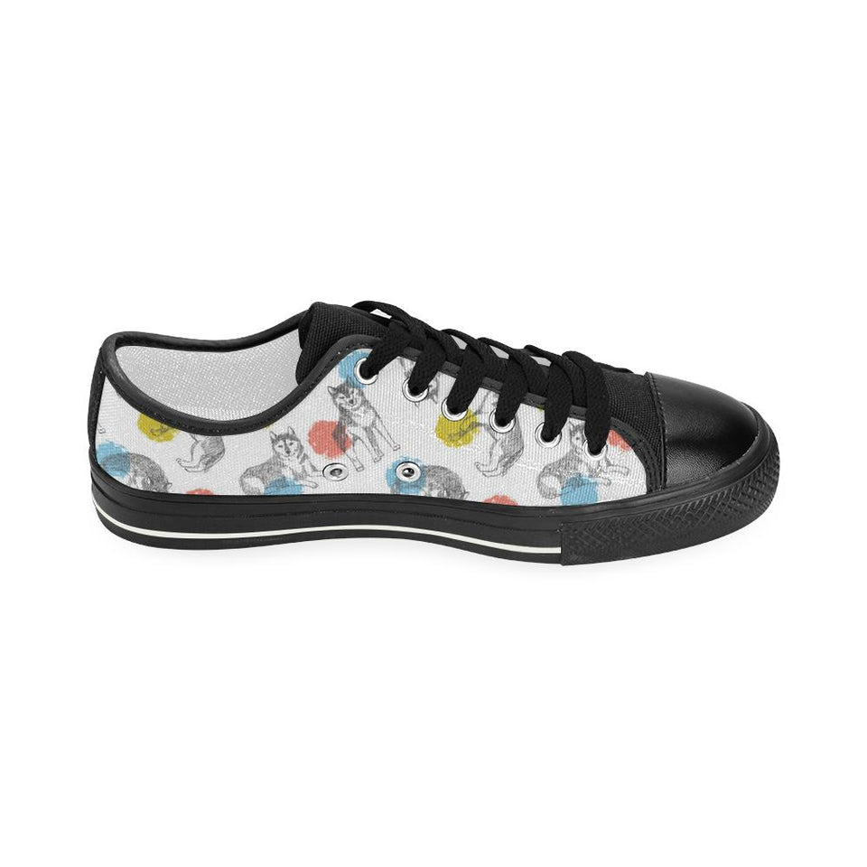 Siberian husky and colorful circle pattern Kids' Boys' Girls' Low Top Canvas Shoes Black