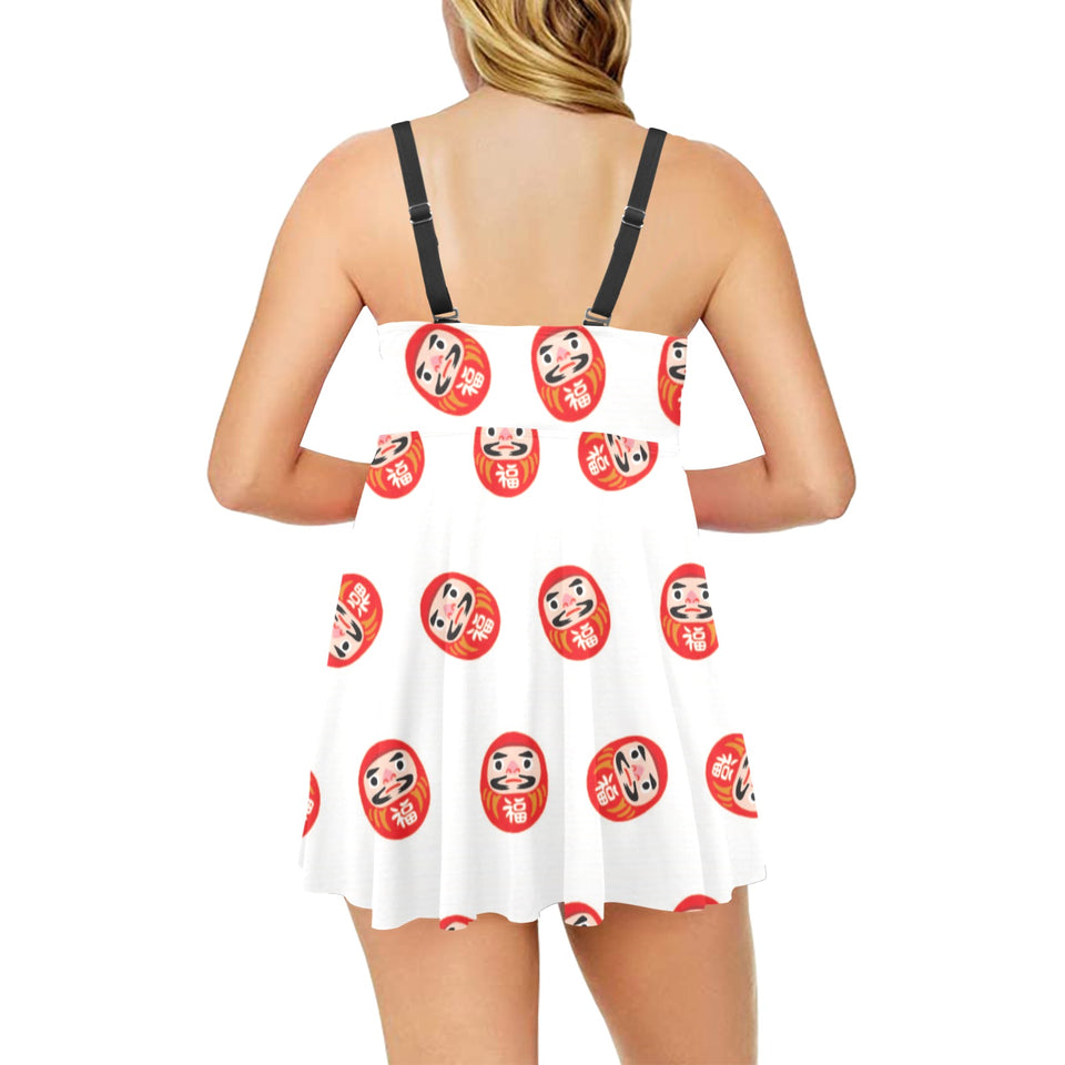 Daruma japanese wooden doll pattern Chest Sexy Pleated Two Piece Swim Dress