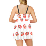 Daruma japanese wooden doll pattern Chest Sexy Pleated Two Piece Swim Dress