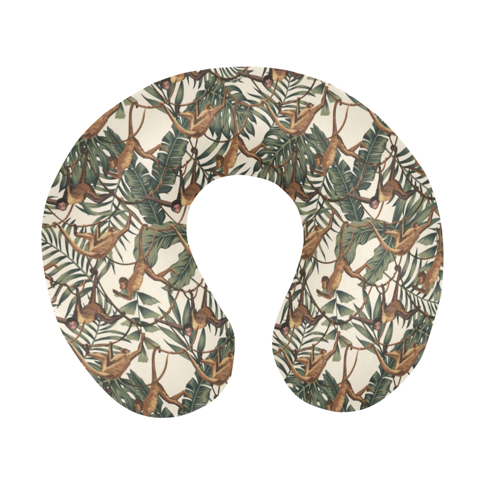 Monkey tropical leaves background U-Shaped Travel Neck Pillow