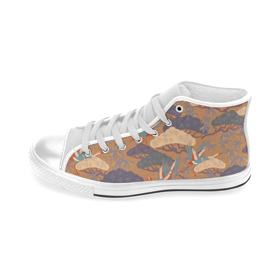 Bonsai bamboo stork japanese pattern brown theme Men's High Top Canvas Shoes White