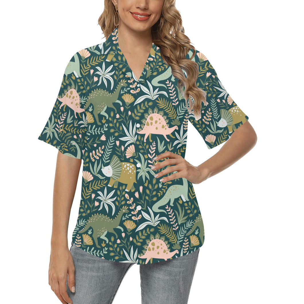 dinosaurs tropical leaves flower pattern Women's All Over Print Hawaiian Shirt