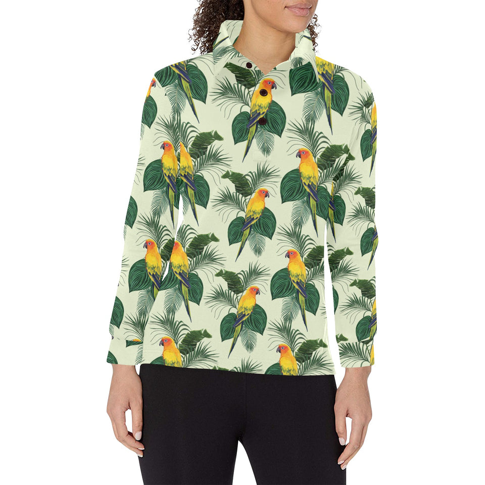 Beautiful parrot palm leaves pattern Women's Long Sleeve Polo Shirt