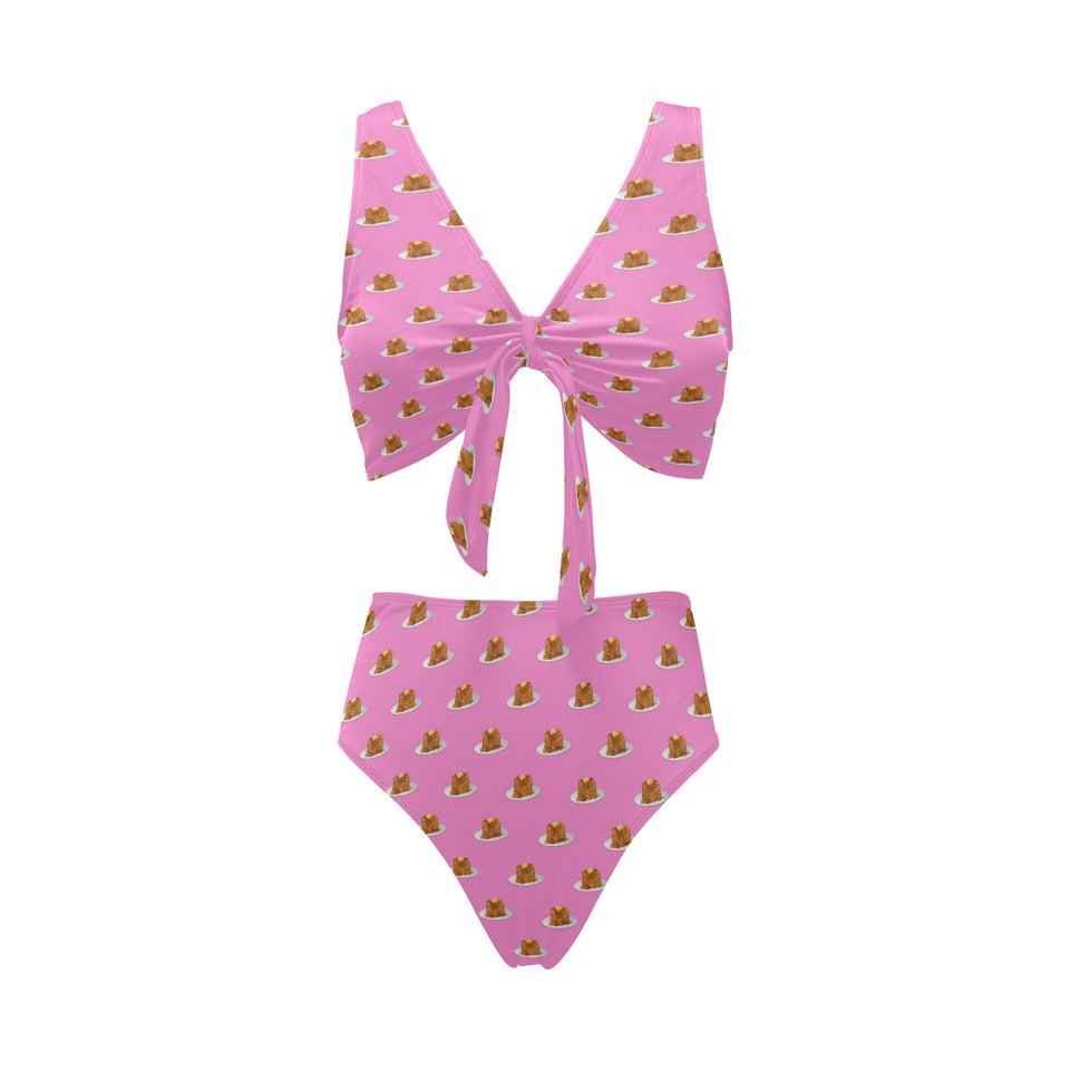 Pancake Pattern Print Design 04 Chest Bowknot High Waisted Bikini Swimsuit