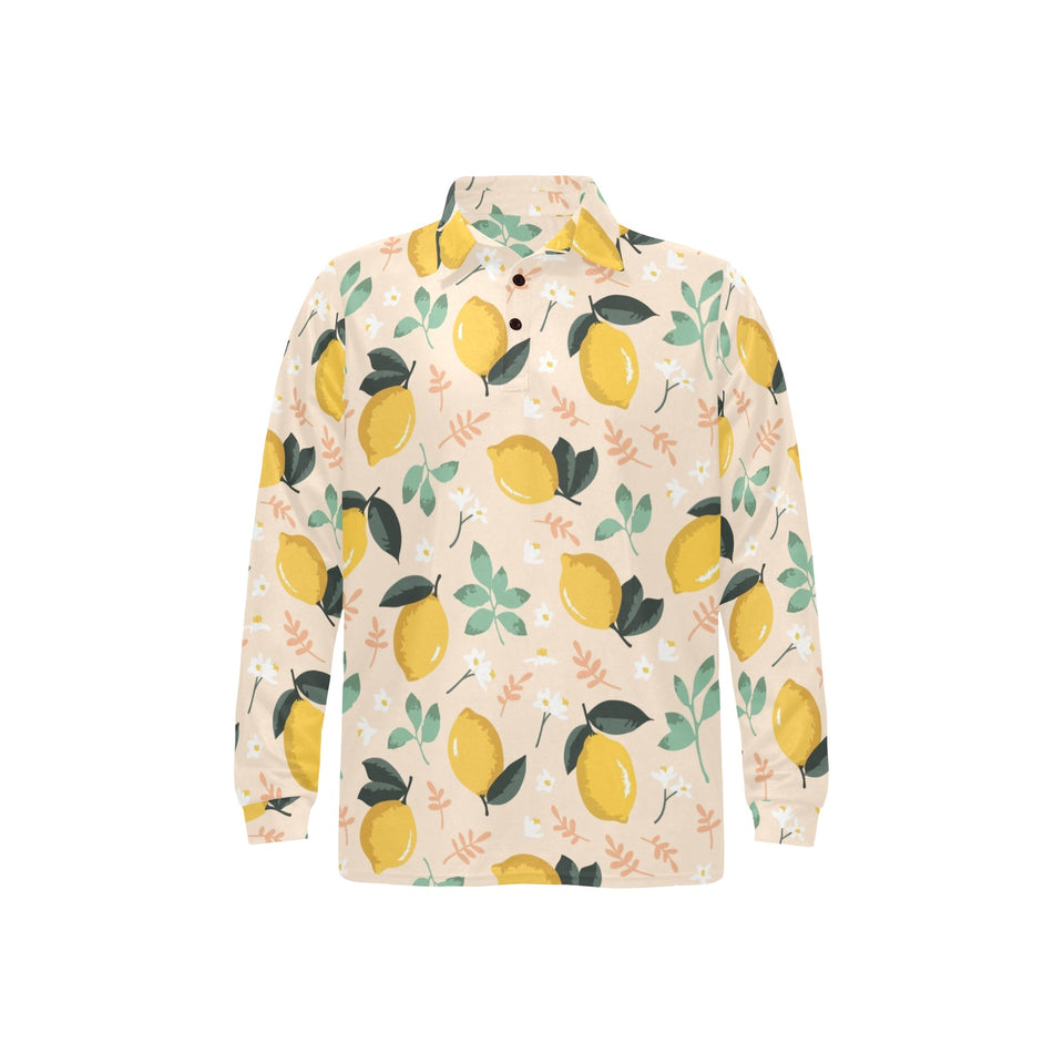 lemon flower leave pattern Men's Long Sleeve Polo Shirt