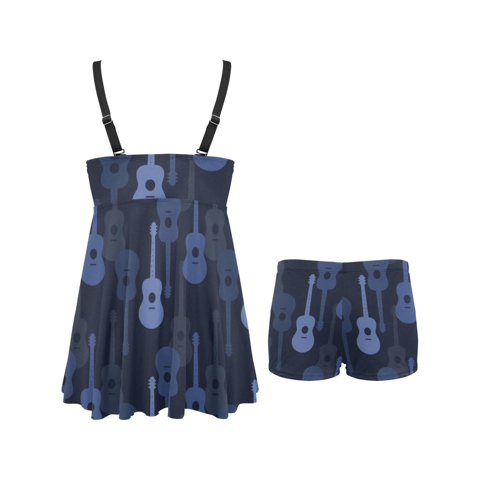 Blue Theme guitar pattern Chest Sexy Pleated Two Piece Swim Dress