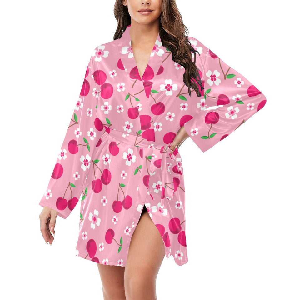 cherry flower pattern pink background Women's Long Sleeve Belted Night Robe