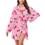 cherry flower pattern pink background Women's Long Sleeve Belted Night Robe