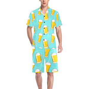 Beer pattern green background Men's V-Neck Short Pajama Set