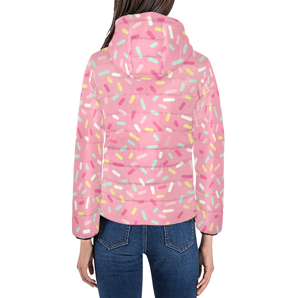Pink donut glaze candy pattern Women's Padded Hooded Jacket