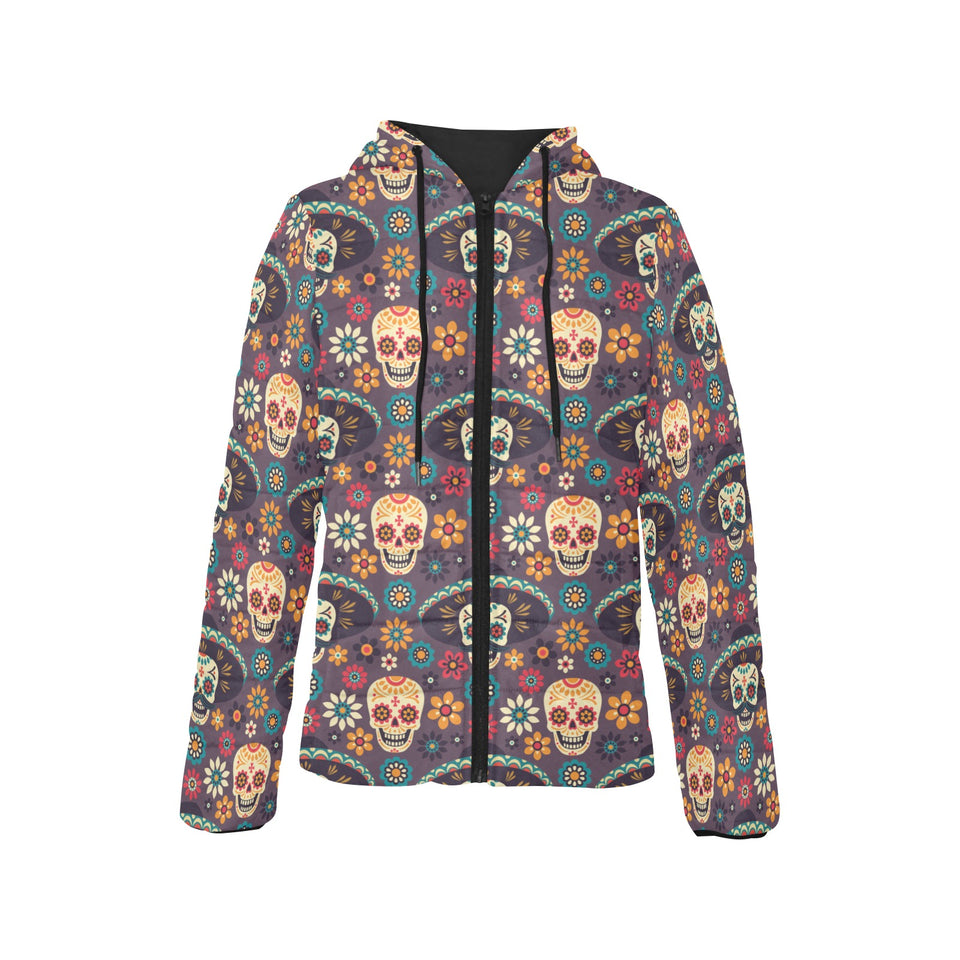 Sugar skulls flower maxican pattern Women's Padded Hooded Jacket